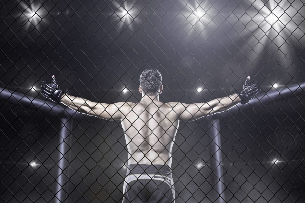 mma fighter in arena celebrating win, behind view